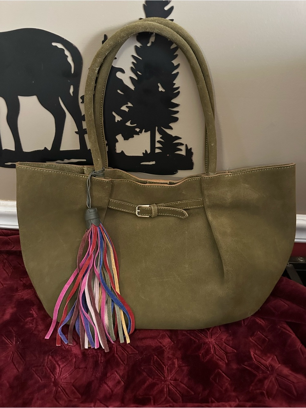 Olive Green Suede Tote Bag with Multicolor Tassel